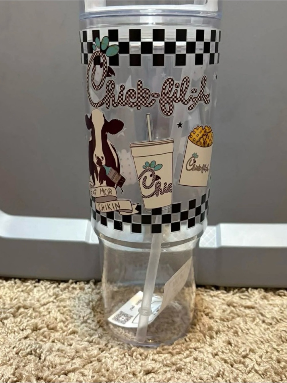 Chick-fil-A Clear Acrylic Tumbler with Cow Graphics - Black & Teal Accents